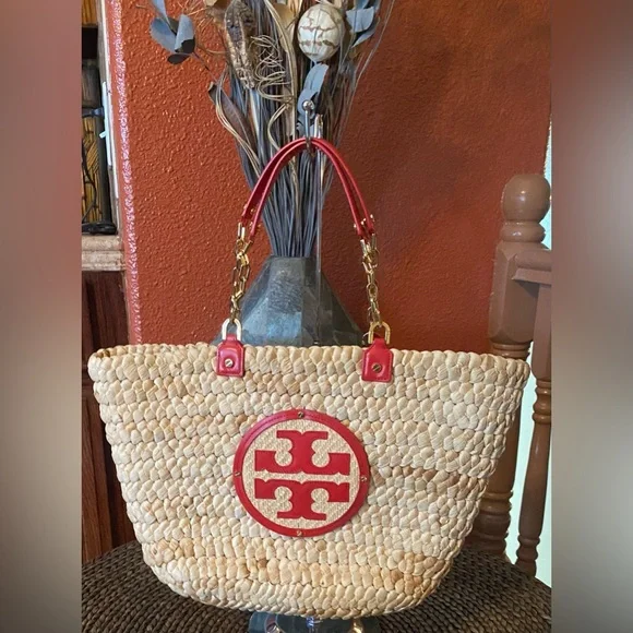 Tory Burch - EUC - Audrey Straw Woven Tote with Red Accents - Like New - Picture 4 of 13